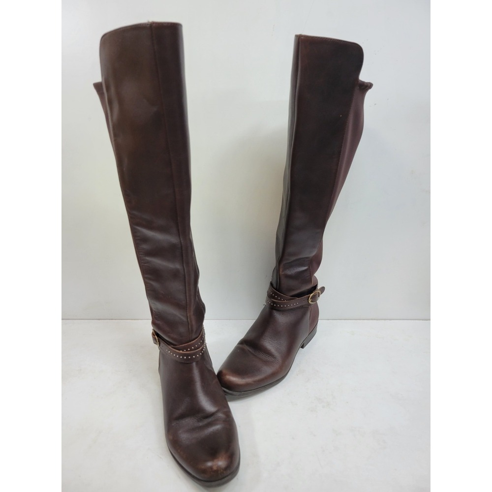 Bandolino Cassia Womens 8.5M Brown Leather Knee High Riding Boots Studded Zip